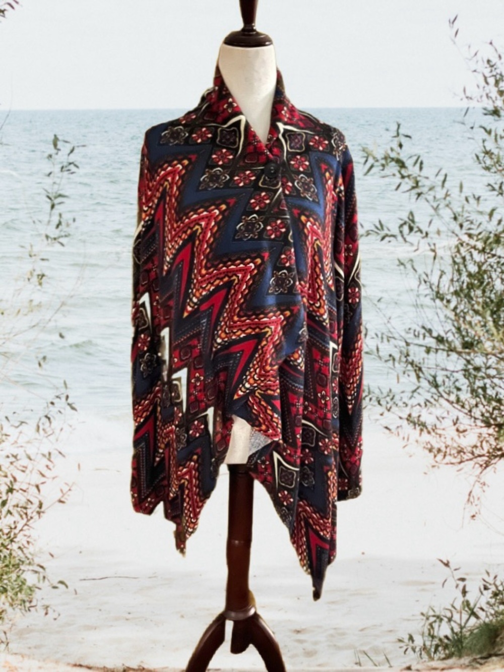 Babeau ~ Large ~ Red/ Blue • Geometric/ Floral Design ~ Poncho Sweater ~ New
